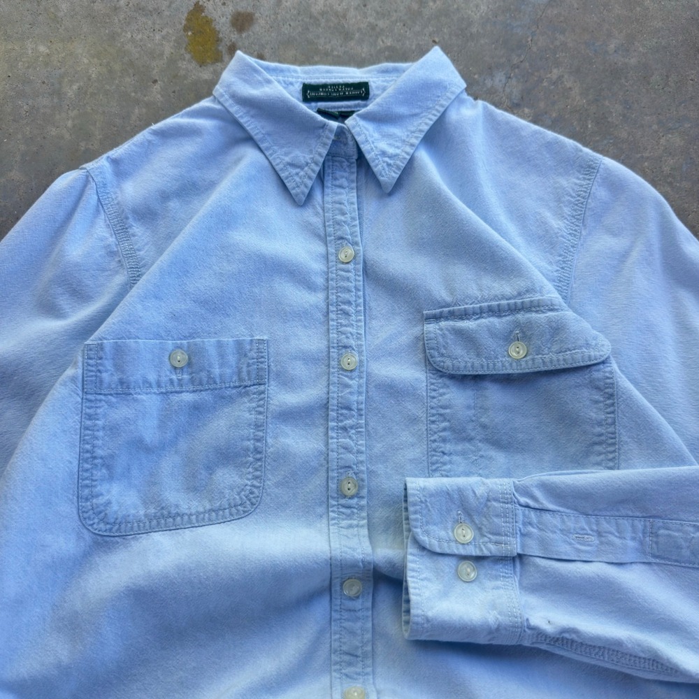 Vintage 90s Lauren Ralph Lauren Denim Shirt Light Wash Workwear Blue PM